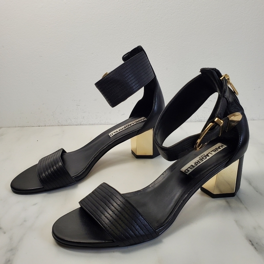 Karl Lagerfeld Paris Haila Heels Ankle Strap Sandals With Gold Block Heels